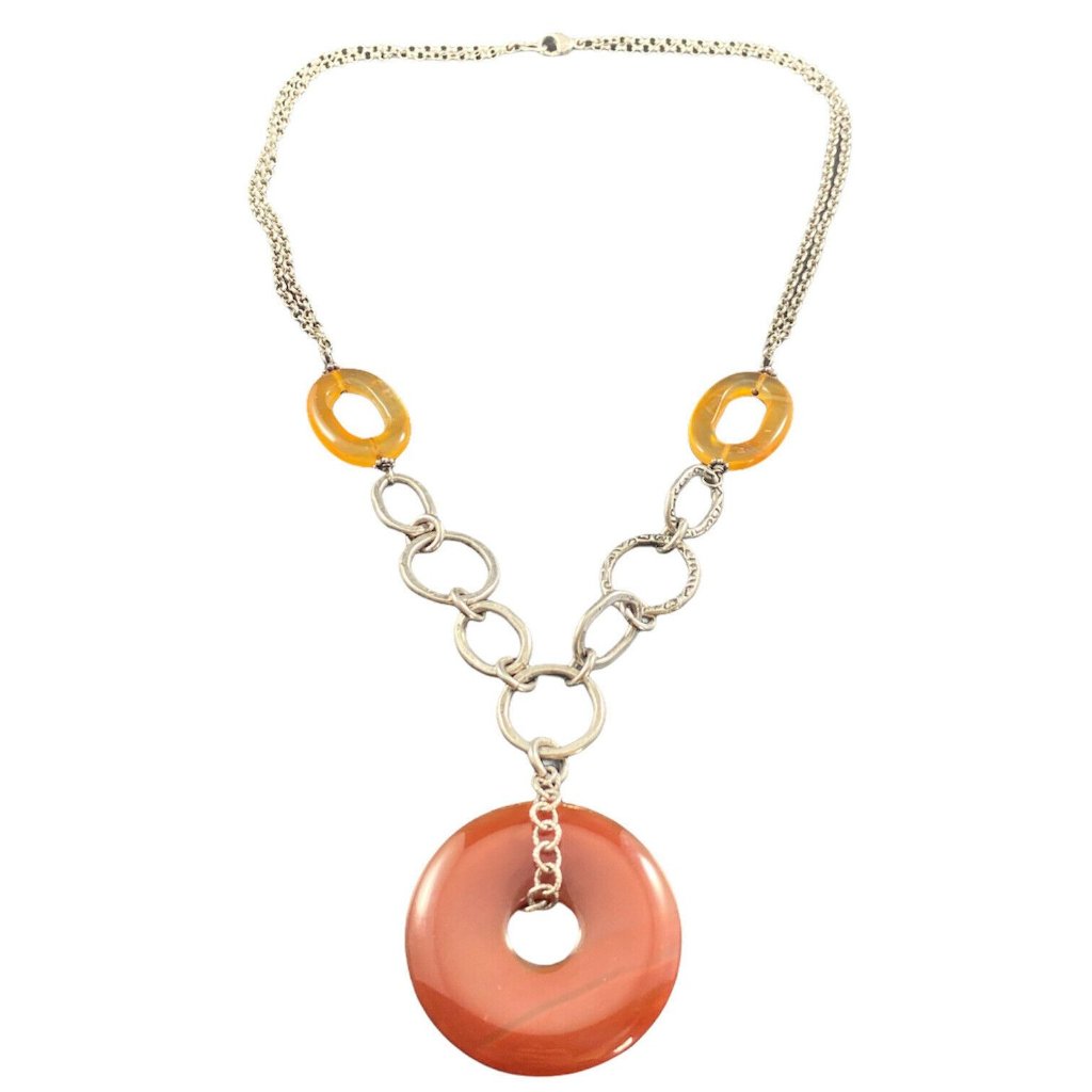 Sterling Silver Carnelian & Yellow Quartz Necklace Fine Dangle Link